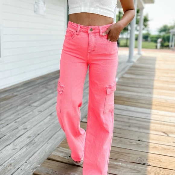 NWT Risen High Rise Hot Neon Pink/ Orange Non Distressed Cargo - Picture 6 of 8